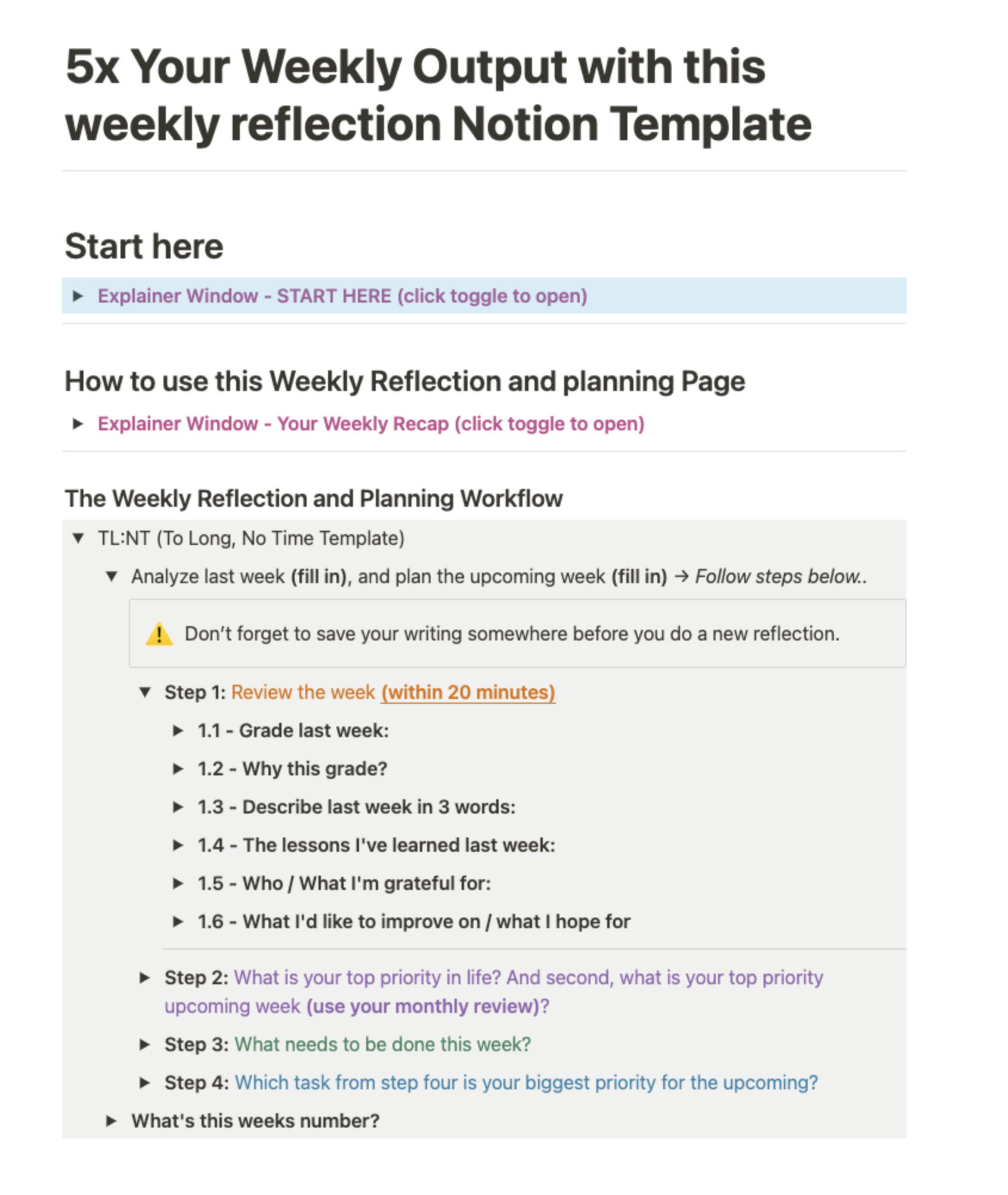 A weekly reflection and planning Notion Template